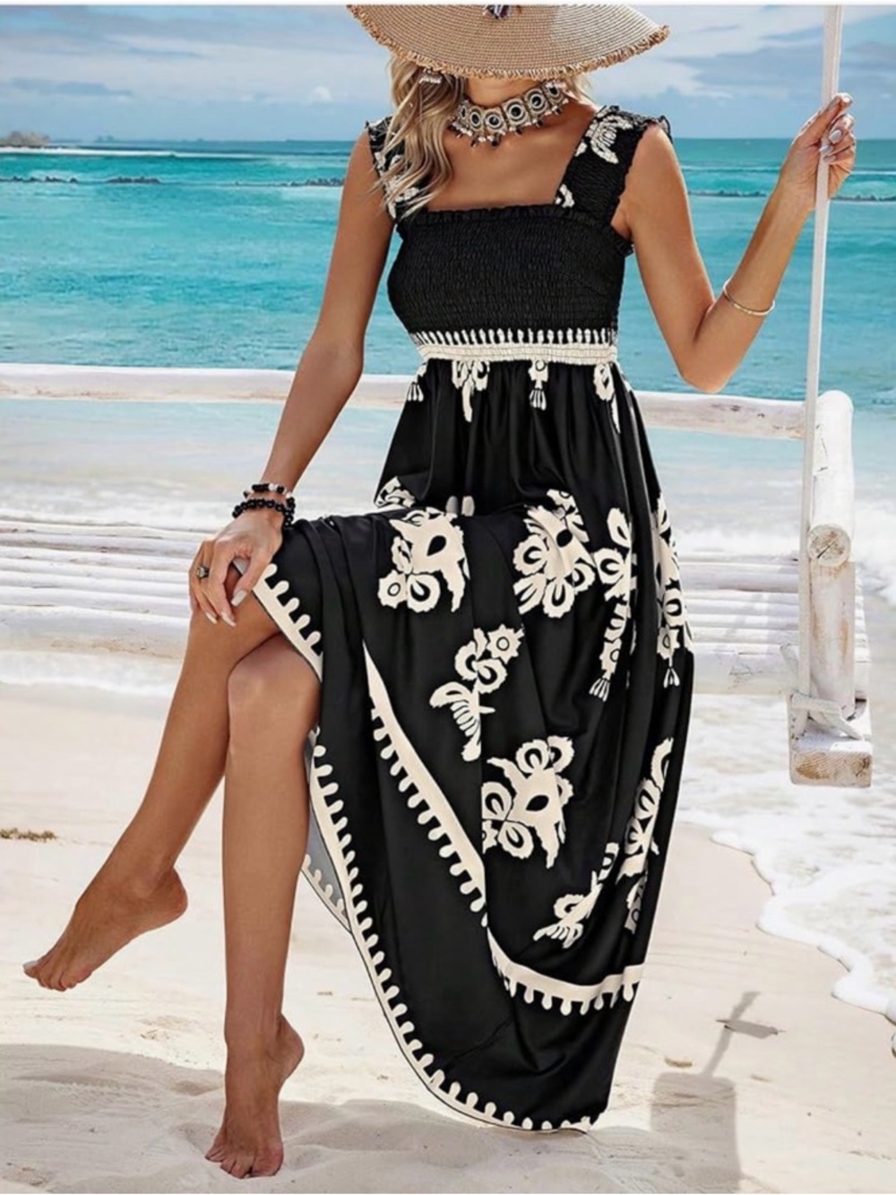Black & Cream Floral Maxi Dress - Smocked Bodice Beach Dress